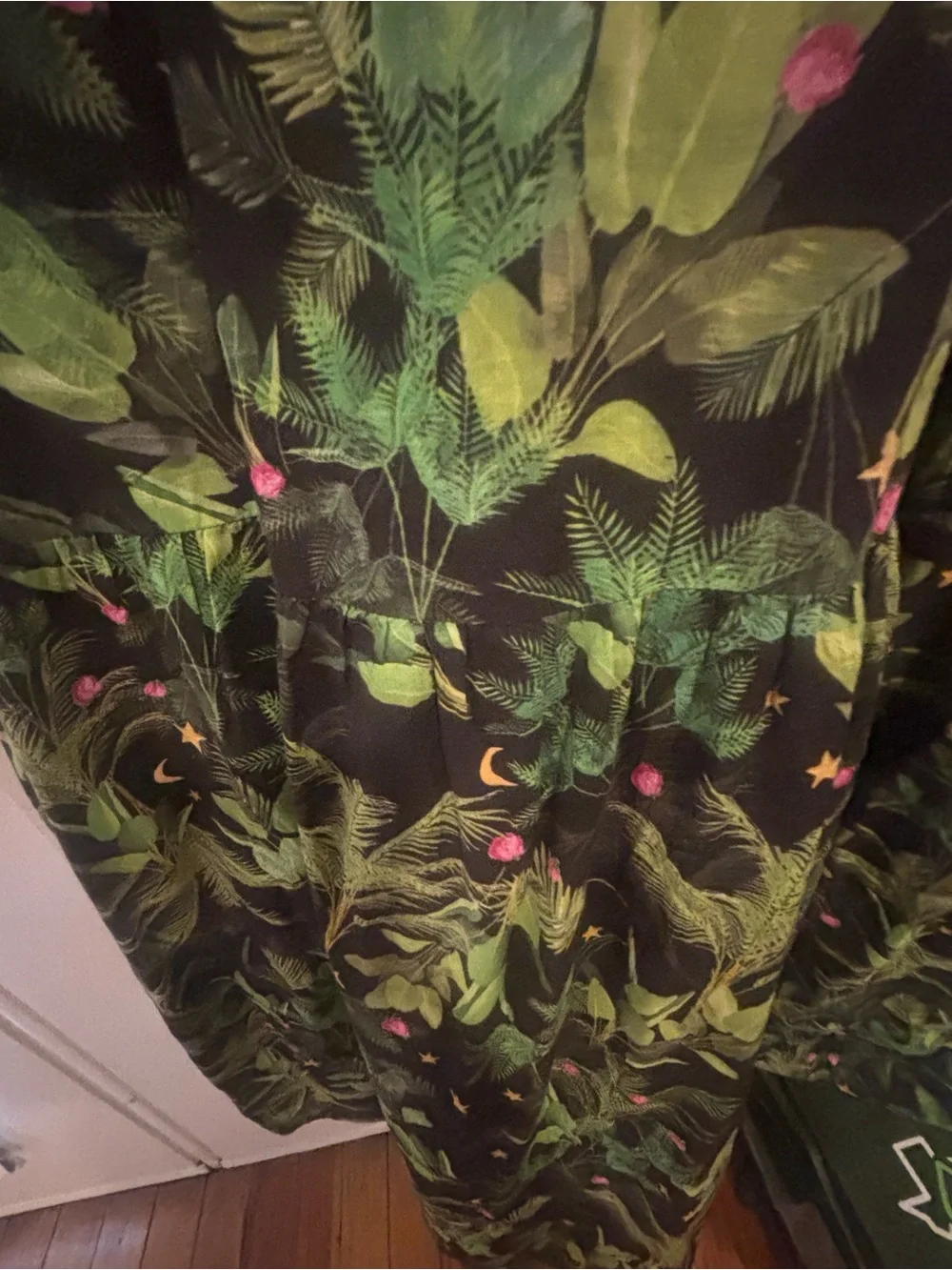 Cynthia Rowley Black Maxi Dress with Green Botanical Print and Pink Accents